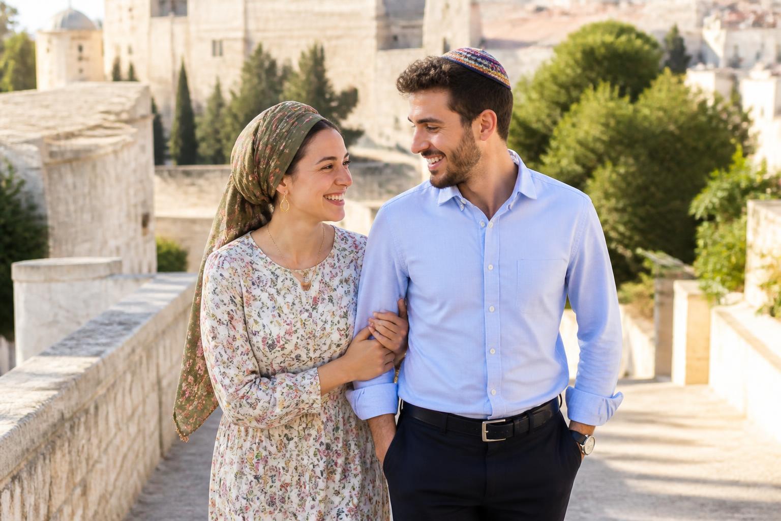 זוג צעיר ושמח בלבוש צנוע ברקע ירושלמי בשמש